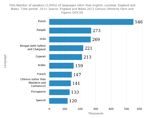 A chart of in-demand languages, speakers of which may require interpreting and translation services. Polish is the most popular language other than English per 1000 people.